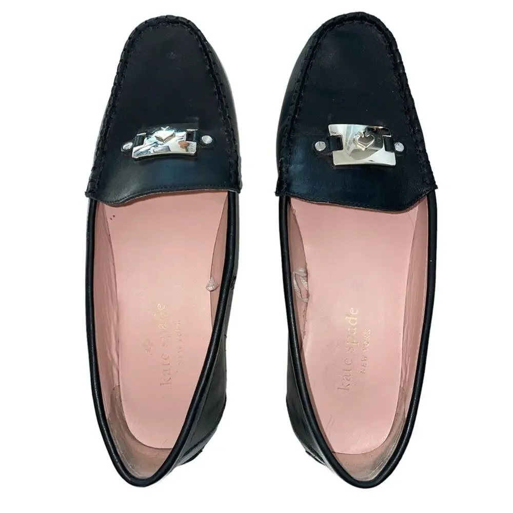 Kate Spade Black Carmen Leather Driving Loafers with Silver Spade Hardware 7B